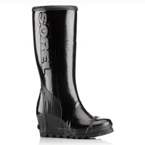 Sorel Joan Rain Wedge Tall Gloss Rubber Boot Black